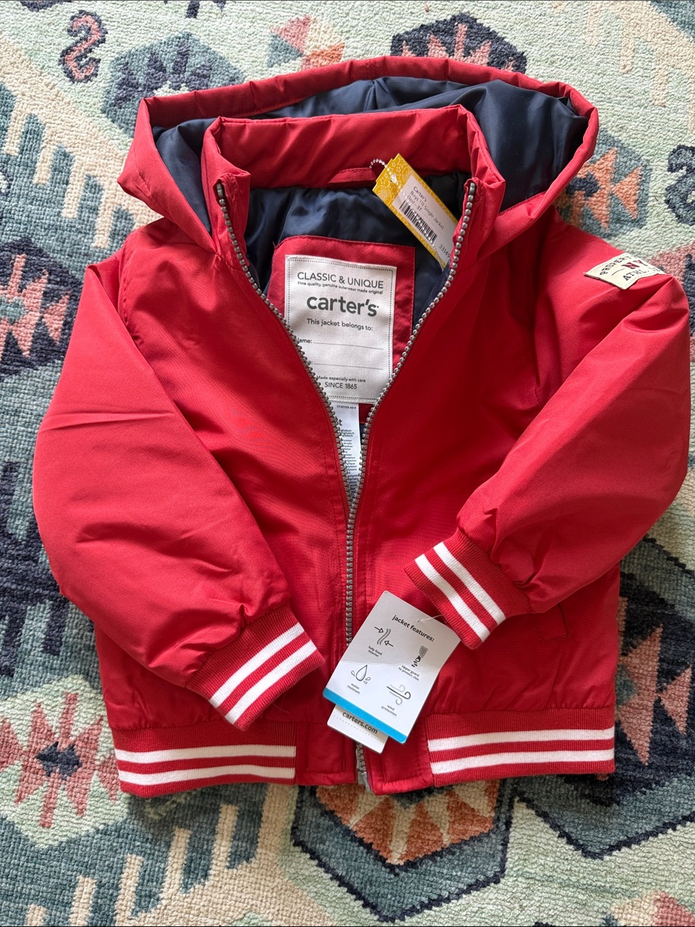 Carter's Bright Red Hooded Puffer Jacket with Stripe Trim